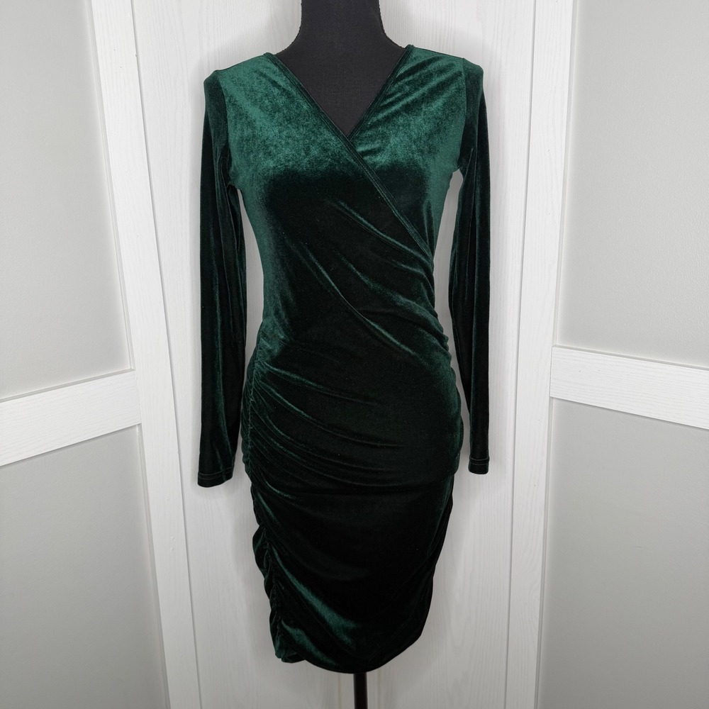 Fensace Velvet Dress Womens Small Green Ruched Wrap V-Neck Long Sleeve Stretch